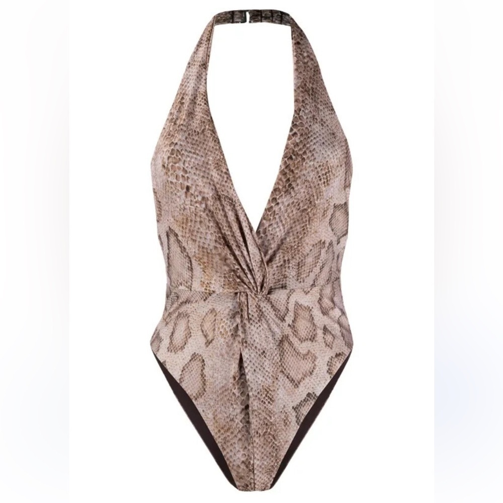 Mara Hoffman Gabriella UPF 50+ Brown Python Print Halter SEXY Swimsuit Size S